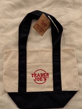 Beige and Navy Trader Joe's Mini Canvas Tote Bag